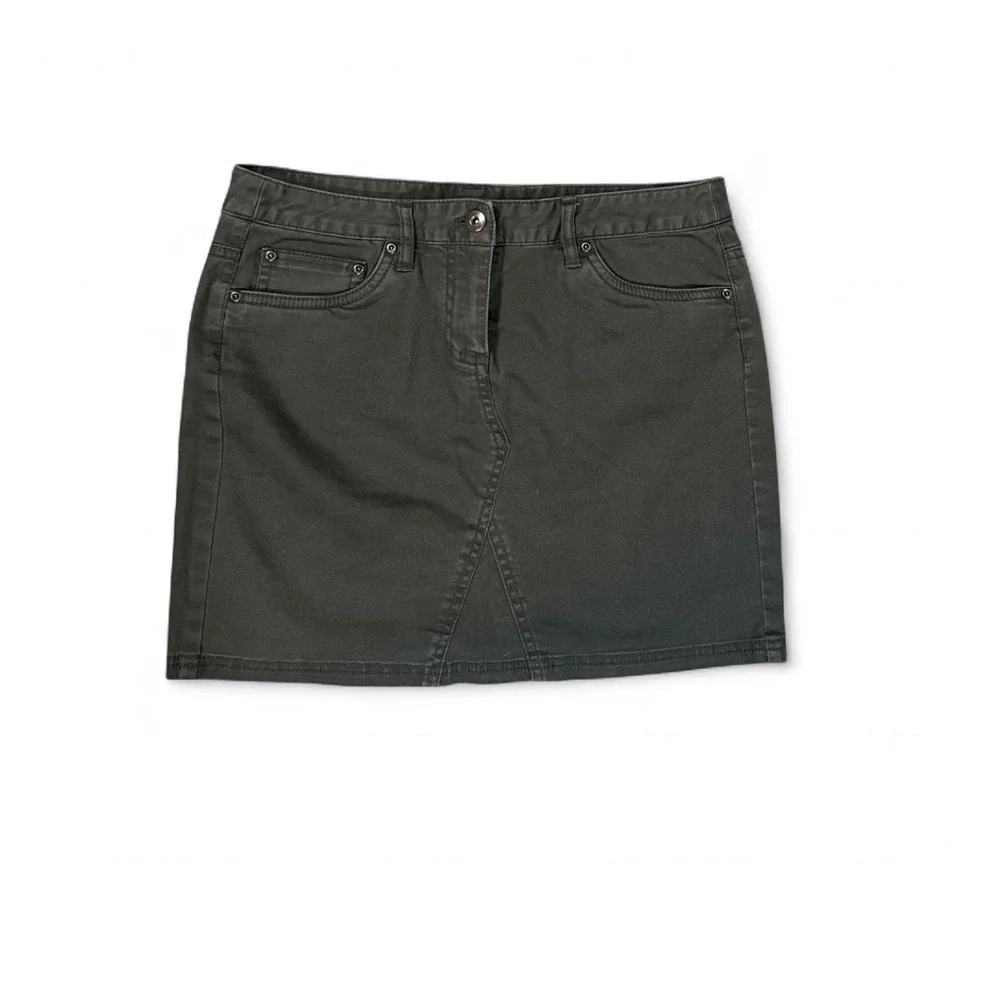 Kenar Womens Y2K Olive Green Denim Mini Skirt Size 10 Stretch Cotton Embroidered